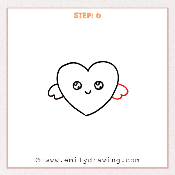 how to draw a cartoon heart - Step 6 of a cartoon heart drawing adds a second small wing on the right side, mirroring the left wing with rounded scalloped feather bumps.